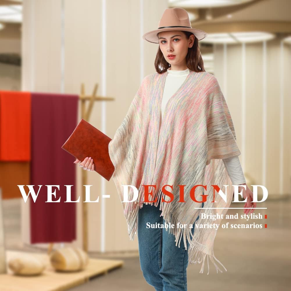 Women's Knit Shawl Wraps, Knitted Poncho Cape Open Front Cardigan Sweater with Tassel for Spring Fall Winter - Image 4