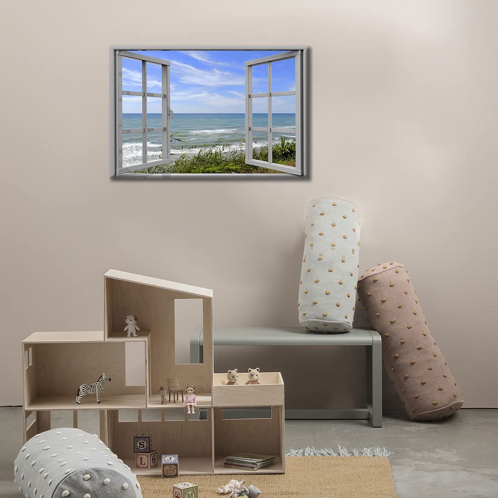 TISHIRON Canvas Wall Art 3D Window View Summertime Art Beach Seaside Picture for Home Office Bathroom Bedroom Stretched Giclee Framed Print Ready to Hang 16x24inch — view 3