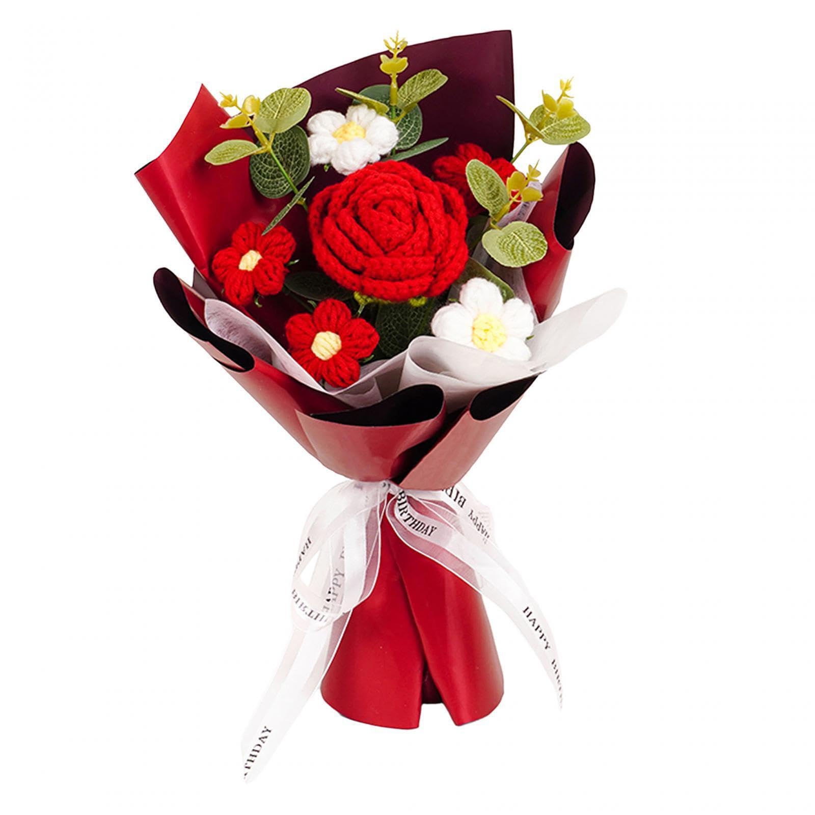 TWISAXC Elegant Completed Crochet Flower Bouquet Unique Knitting Flower Gift For Mother S Day Daughter Son Special Occasion Decor Knitting Mom Anniversary Thanksgiving Day, Red, 25x30cm