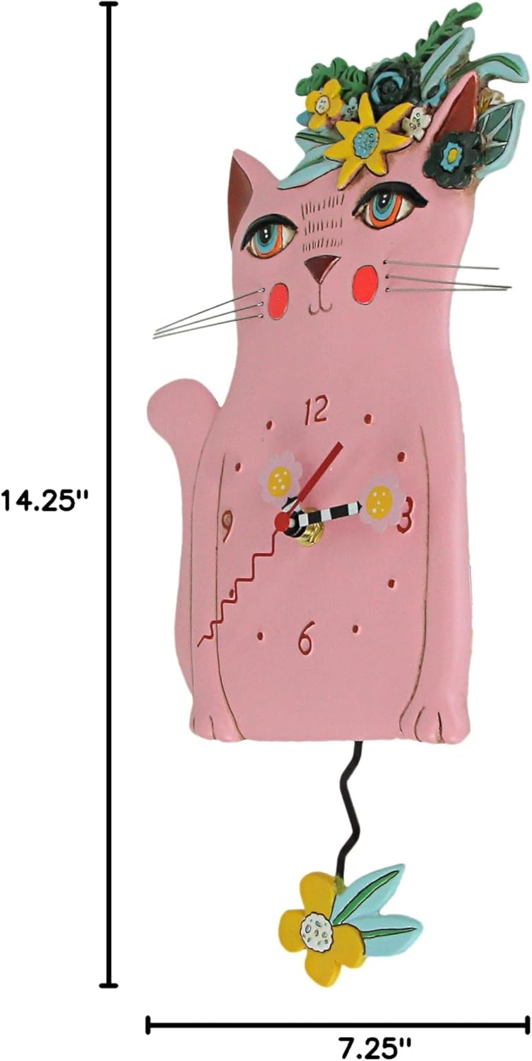 Enesco Allen Designs Pretty Kitty with Flowers Sculpted Pendulum Wall Clock, 14 Inch, Pink