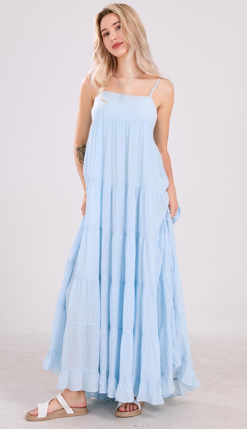 chouyatou Women's Summer Boho Flowy Spaghetti Strap Maxi Dress Smocked Back Casual Swing Beach Sundress - Image 2