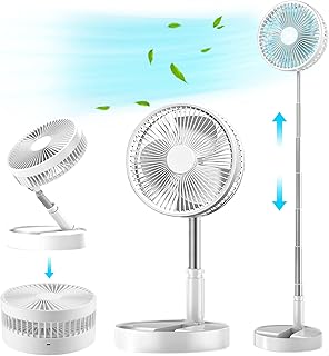 Foldable Portable Fan Pedestal Fan, Gegizun Height Adjustable Standing Fan Telescopic Oscillating Fan Quiet Table Fan Rechargeable Desk Fan Small Fan for Travel, Home, Office (White)