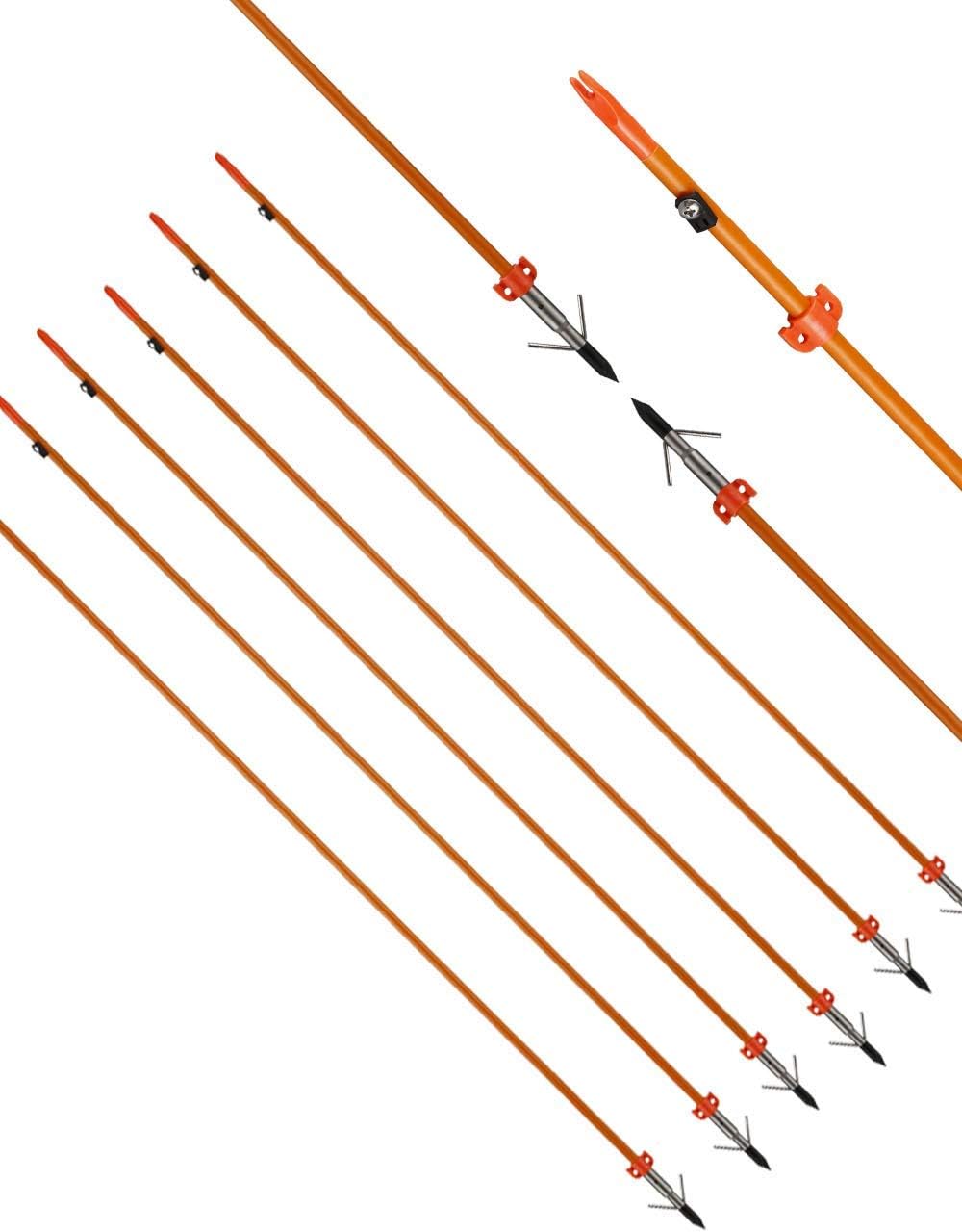 34inch 8MM Bow Fishing Hunting Arrows Archery Fiberglass Arrows with Safety Slides Pack of 6 Arrows ID 5/16 inch Safety Slides Kits