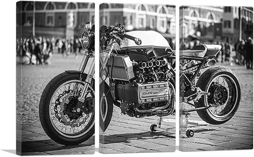 ARTCANVAS Black White Vintage Cafe Racer Motorcycle Shop Decor Canvas Art Print - 90" x 60" (1.50" Deep) (3-Piece)