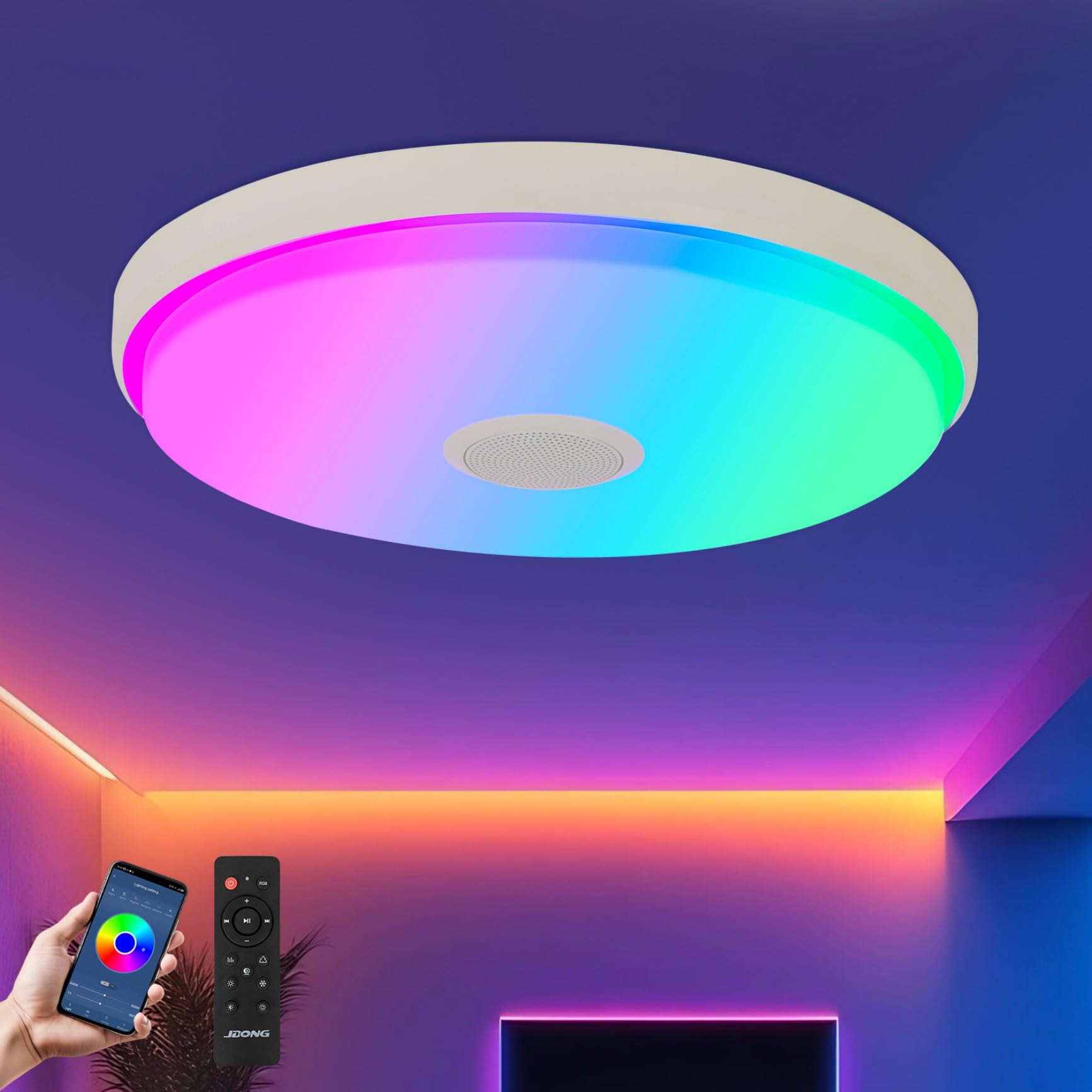 JDONG Led Deckenleuchte dimmbar 24W Bluetooth Deckenlampe, Sternenhimmel Ø30CM,Farbwechsel RGB Tageslichtweiß, mit weißes Rauschen für Kinderzimmer Schlafzimmer Küche Bad