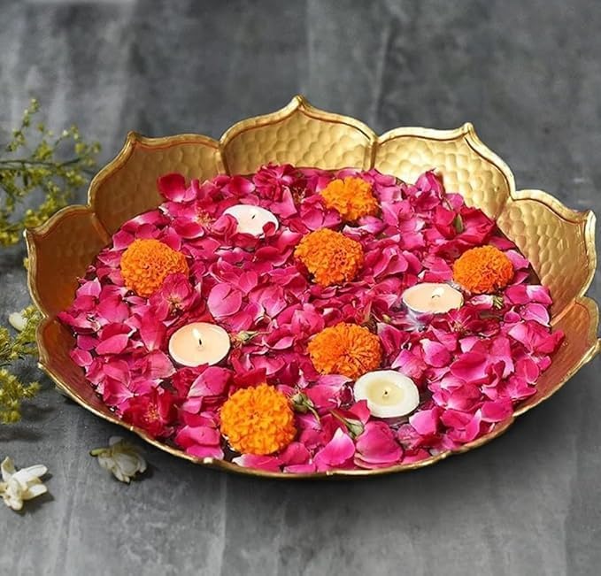 FUSION WORK DESIGN Round Shaped Tahsla Urli Bowl with Taj Border | Exquisite Home Decor Pooja Festival Decor | Floating Flowers & Tea Light Candles Decor