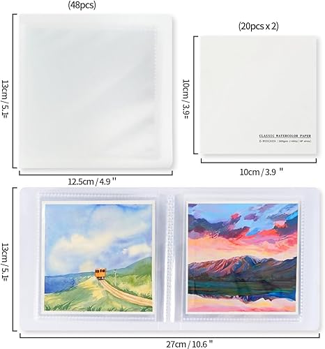 Miniatura 3 de 2 mini 20 hojas cuadradas de 300 GSM (140 libras), 3.9 x 3.9 pulgadas, cuaderno de bocetos de acuarela portátil y álbum transparente para obras de