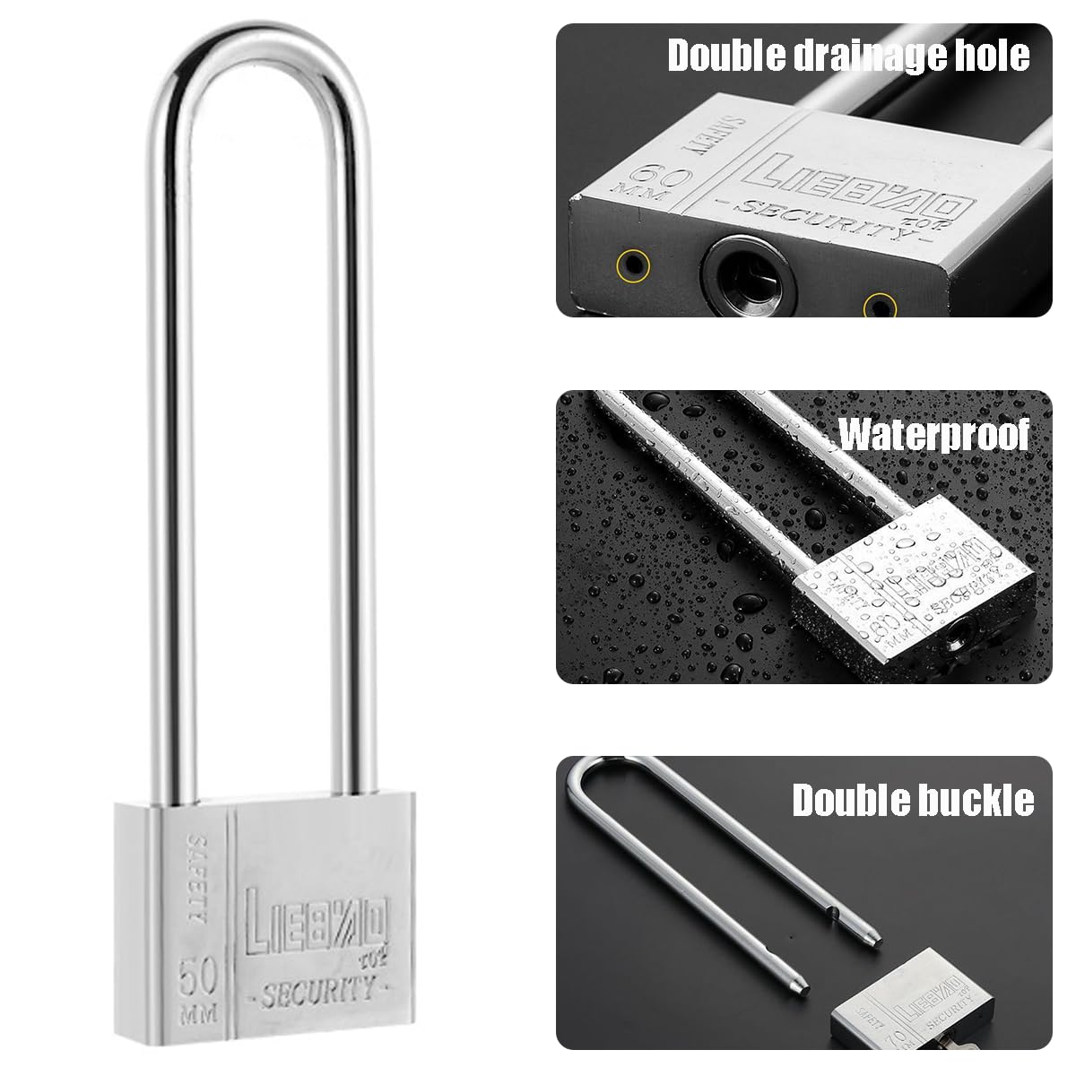 Yaolmkcovs 6.4 Inch Long Shackle Heavy Duty Outdoor Padlock, Silver, 50mm, 2 Keys, Weather Resistant, Corrosion Resistant - Image 3