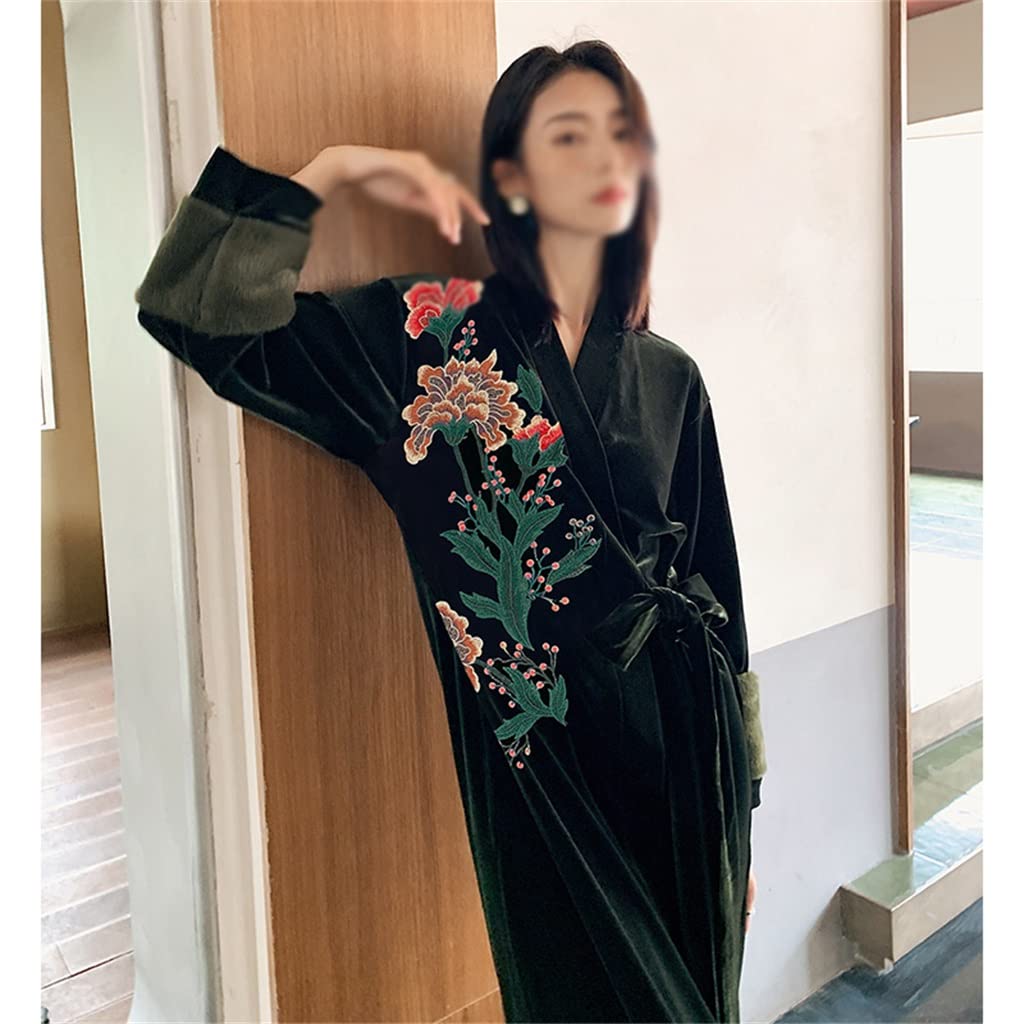 RWRAPS Pijama de Terciopelo Bordado para Mujer Kimono Bata Solapa Albornoz de Gran tamaño Camisón (D 1)