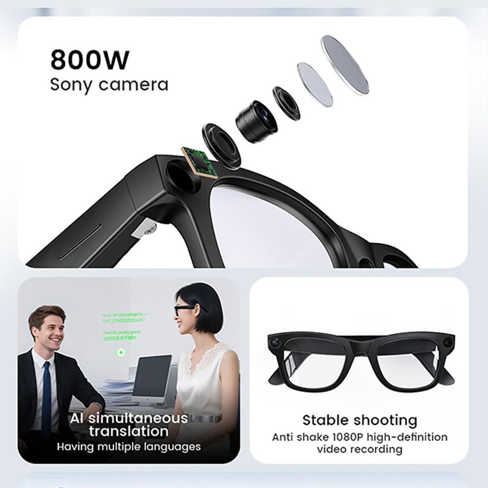 Occhiali Intelligenti Ai - con Fotocamera da 8 MP, Traduzione Ai in Tempo Reale (144 Lingue), Acquisizione Foto/Video WiFi, Microfono Integrato, Assistente Vocale, per Uomini E Donne A