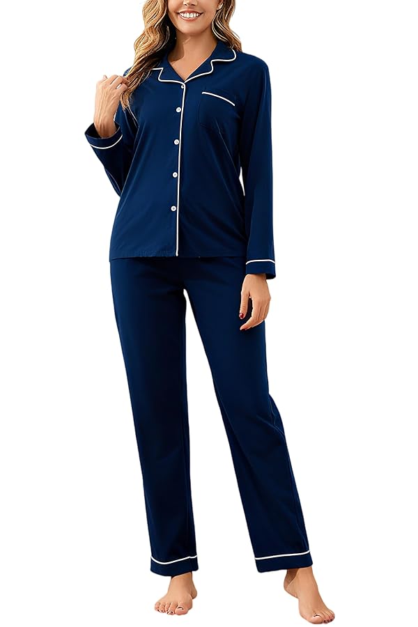 Honypove 100% Cotton Pajama Sets for Women 2 Piece Long Sleeve Button Down Pjs Soft Comfy Ladies Sleepwear NightWear Loungewear Lounge Sets S-XL(Navy Blue, Large) by Honypove - Used condition - US$16.88