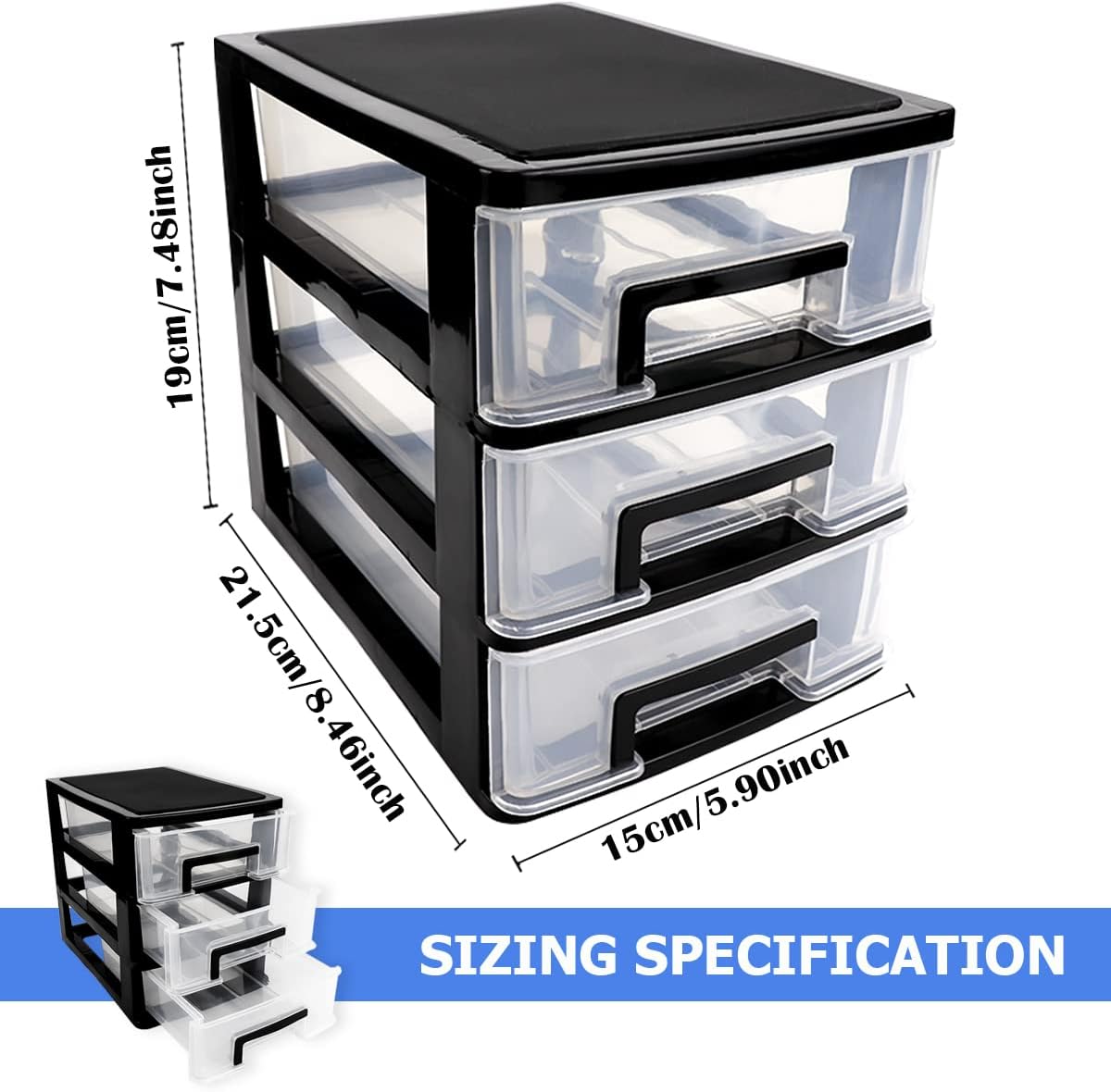 3 Tier Plastic Drawer Organizer Storage Box for Desk, Cosmetics, Jewelry, Office Supplies, Home Organization (8.46" x 5.9" x 7.48")