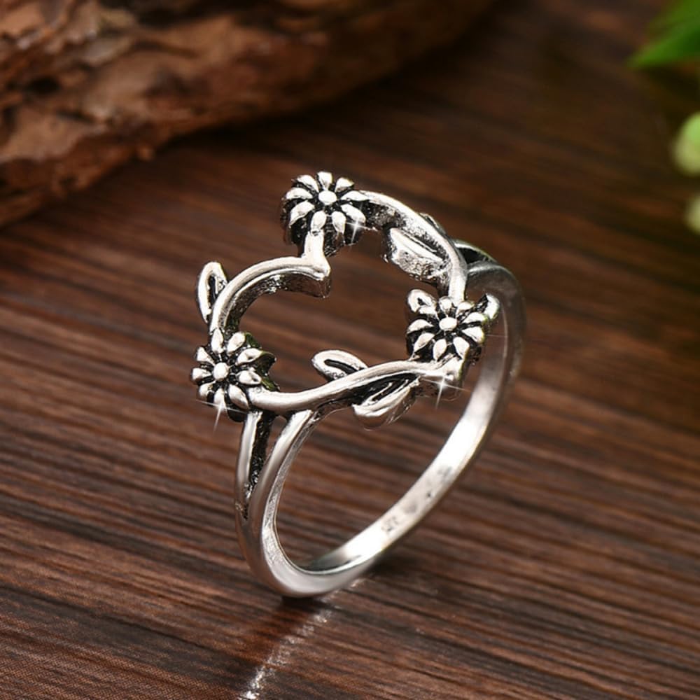 Silver Rings For Women, Retro Flower Heart Ring Stackable Trendy Floral Engagement Elegant Statement Wedding Birthday Jewelry Gift - Image 5