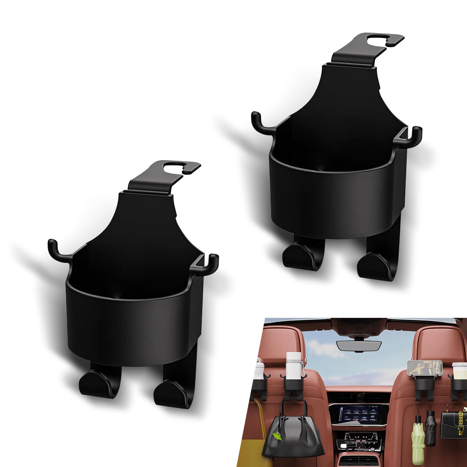 Ajxn2 Pack Car Seat Headrest Hook Kit, Waterproof Durable Design, Vehicle Cup Holder, Universal Multifunctional High Capacity Automotive Storage Accessories for Handbag Key Umbrella (Black)