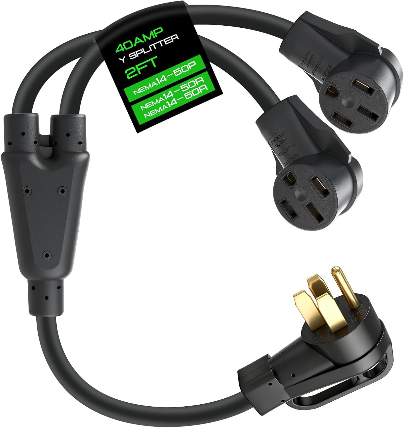NEMA 14-50 Y Splitter Adapter Cord for RV and EV, NEMA 14-50P to 2X NEMA 14-50R, 8/3+10/1 STW AWG, 4 Prong 240 Volt, ETL Listed Max 40A 2FT NEMA14-50P to two 14-50R