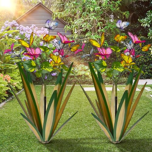 Image of TOMBABY Garden Outdoor Butterfly Enlarge Thickened Wind Resistant Metal Agave Garden Art Metal Plant Country Sculpture Statue Decorations Ornaments Artificial Waterproof Butterflies(Light Green 2pcs)
