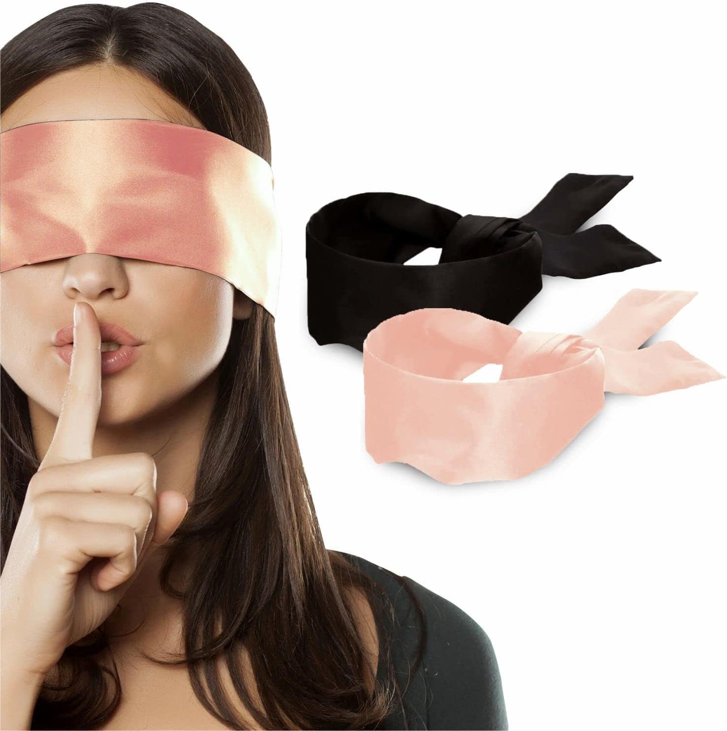 2 pcs Silk Satin Blindfold Eye Cover Silk Sleeping mask Valentine Gift 155cm / 62” (Black+Pink)