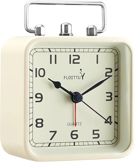 FLOITTUY Square Metal Beep Alarm Clock Silent No Ticking, Snooze and Battery Operated, Night Light and Desk Clock for Bedroom/Travel/Kids, Easy Set(Cream White)