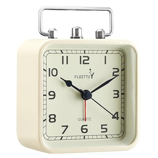 FLOITTUY Square Metal Beep Alarm Clock Silent No Ticking, Snooze and Battery Operated, Night Light