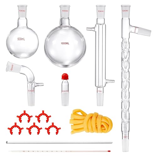VEVOR Kit de química orgánica de vidrio, 13 piezas, kit de destilación de 2440 juntas, aparato de destilación de borosilicato, kit de cristalería de