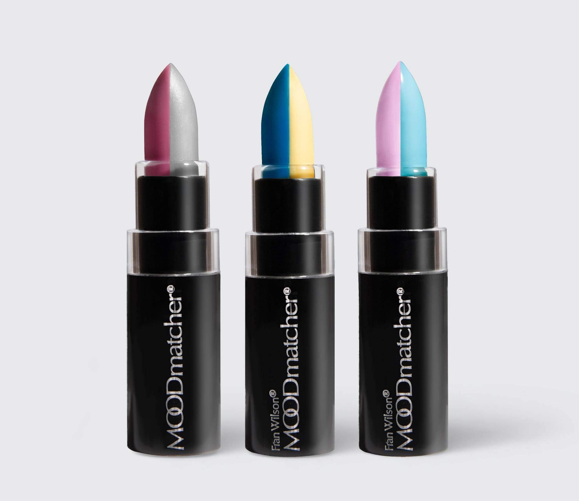 Fran Wilson MOODmatcher Split Stick, 3PC - 12HOUR Long wear Moisturization & Hydration. Personalized Color, Smudgeproof, Kissproof, Waterproof (Lavender/Light Blue, Dark Blue/Yellow, Purple/Silver)