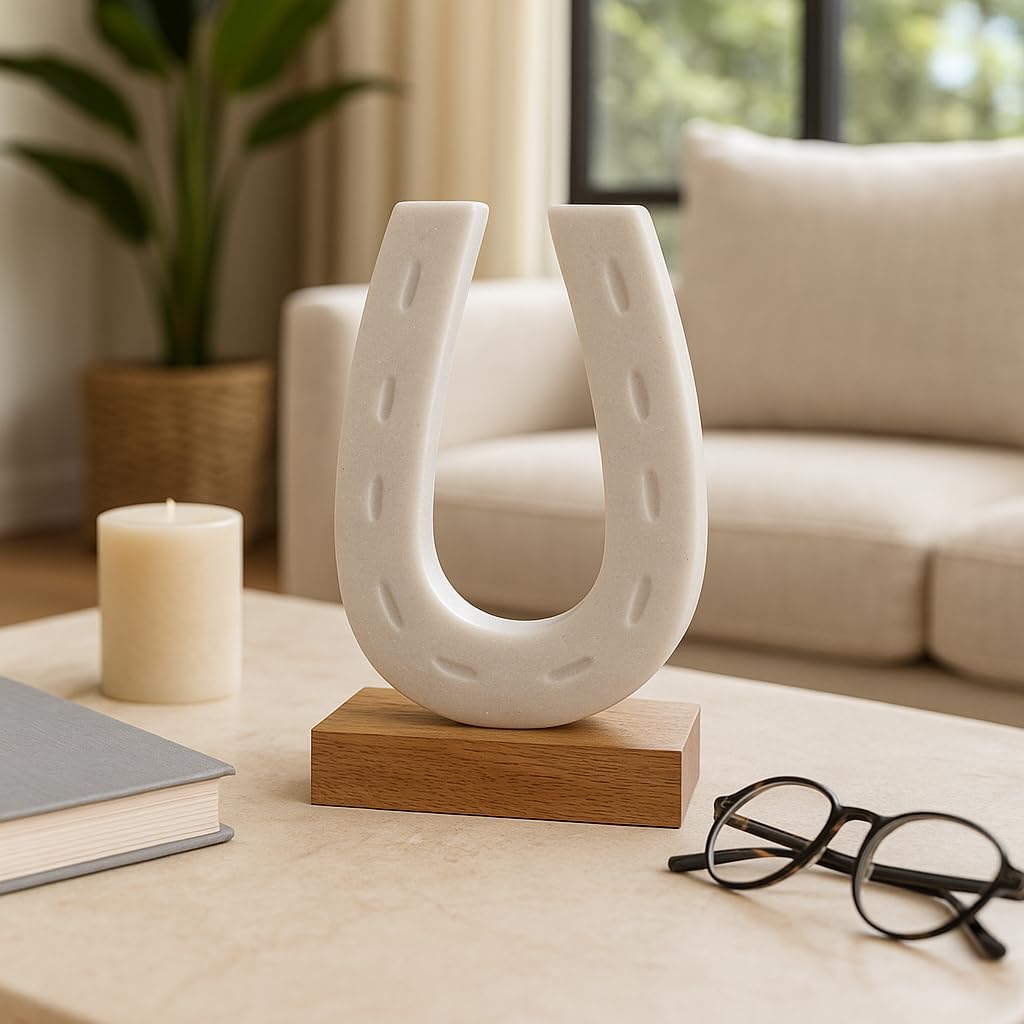 Modern Marble Horseshoe Sculpture on Wooden Base for Home Decor - Elegant Statue Figurine for Bathroom, Office, or Living Room Decor - Ornamental for Shelf or Coffee Table Decor - 8", White & Brown