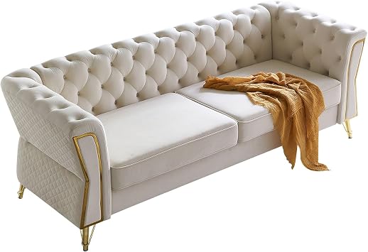 Chesterfield Button Tufted Sofa, Velvet Upholstered Couch with Removable Cushions and Metal Legs for Living Room Office Apartment Beige