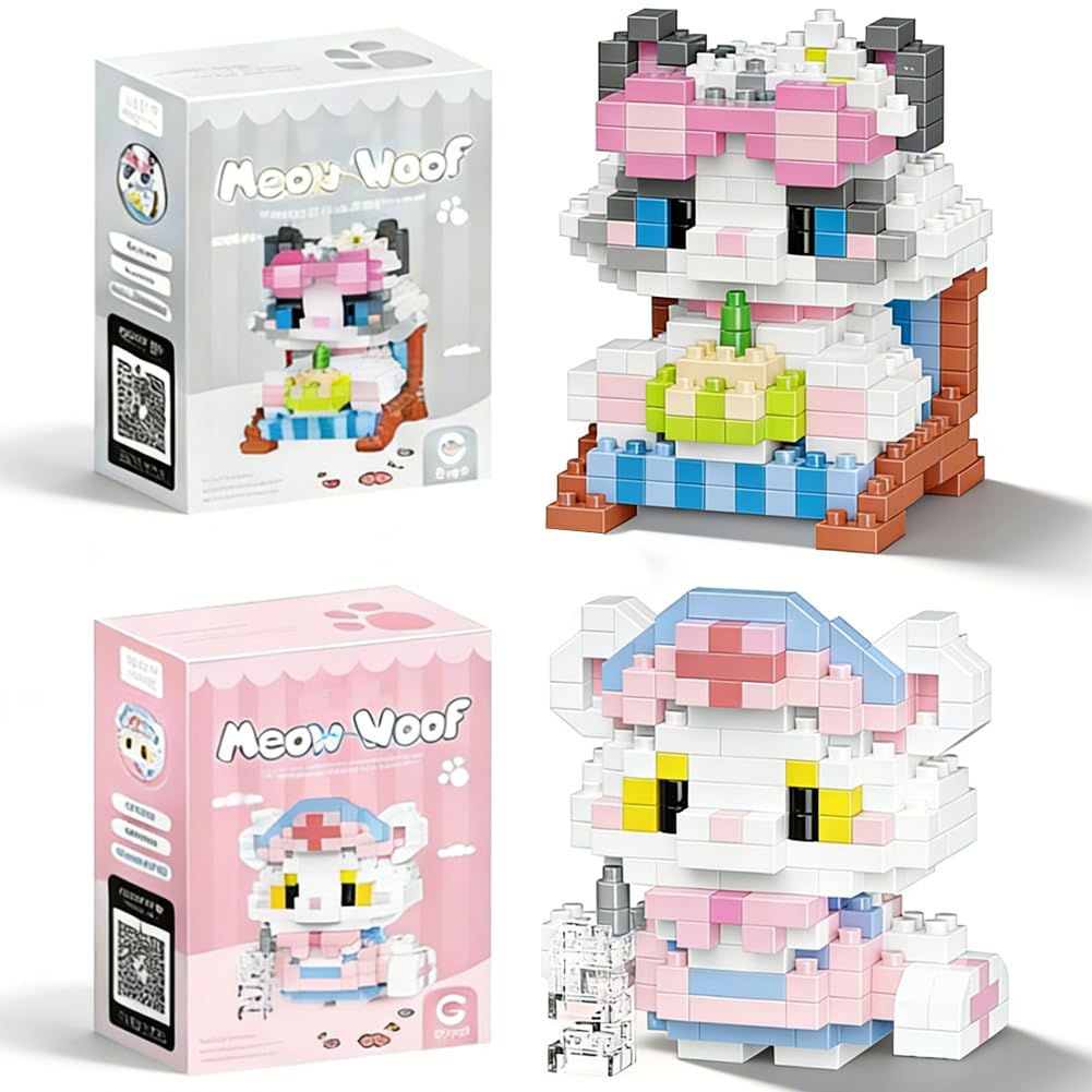 Cat Building Blocks,2 Pcs Cats Toy Cute Cat Mini Building DIY Micro 3D Toy Bricks Cute Construction Toys Creativity Plastic Particle Birthday Gifts for Age 14+Teens