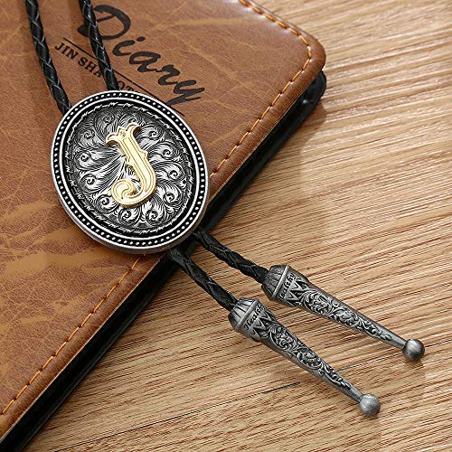 KDG bolo tie for man Golden Initial A to Z oval shape Antique silver blackground
