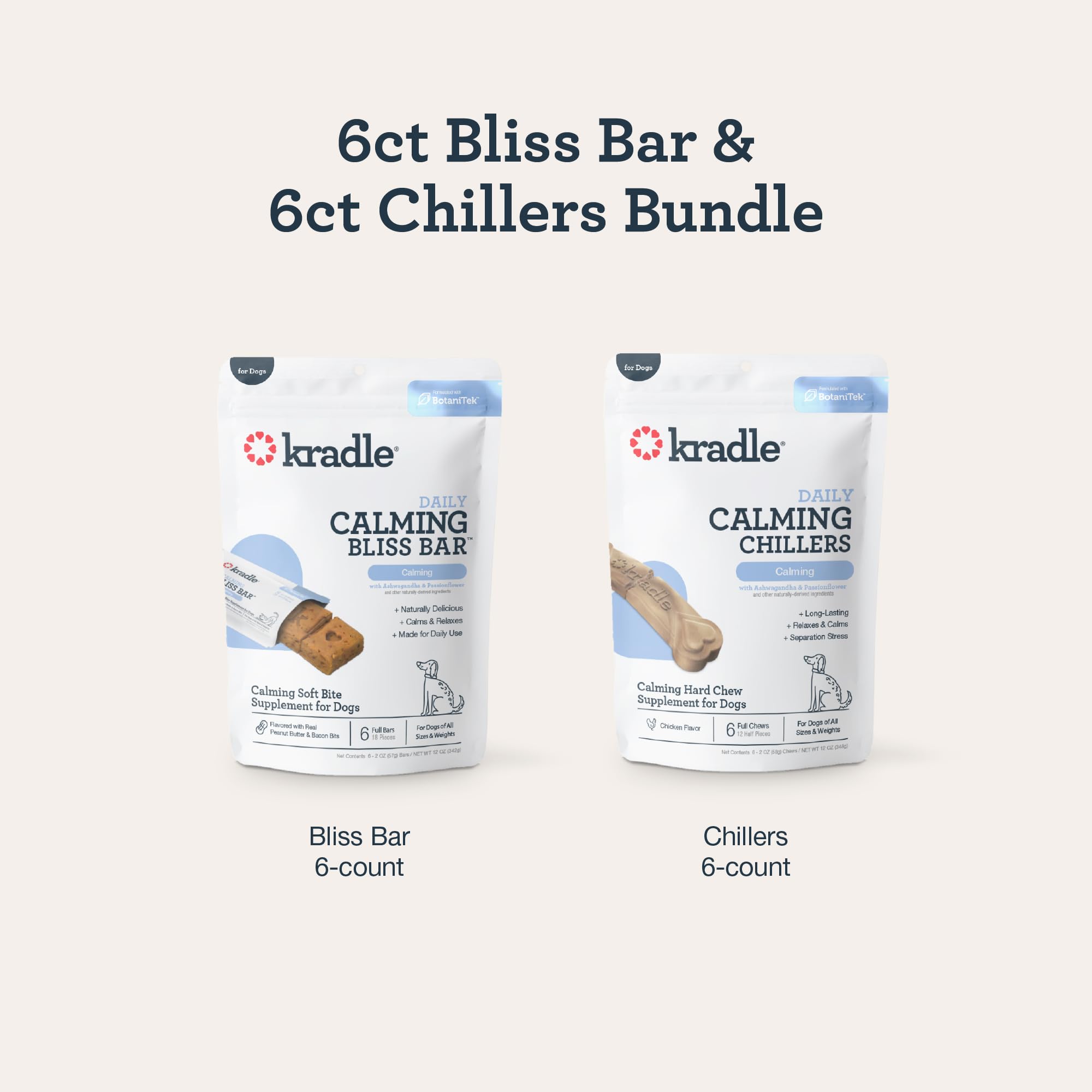 Kradle Paquete calmante para perros, barras Bliss (6) + enfriadores (6) - Sabores de mantequilla de maní y pollo - Ashwaganda GABA L-teanina - Apoya un comportamiento tranquilo