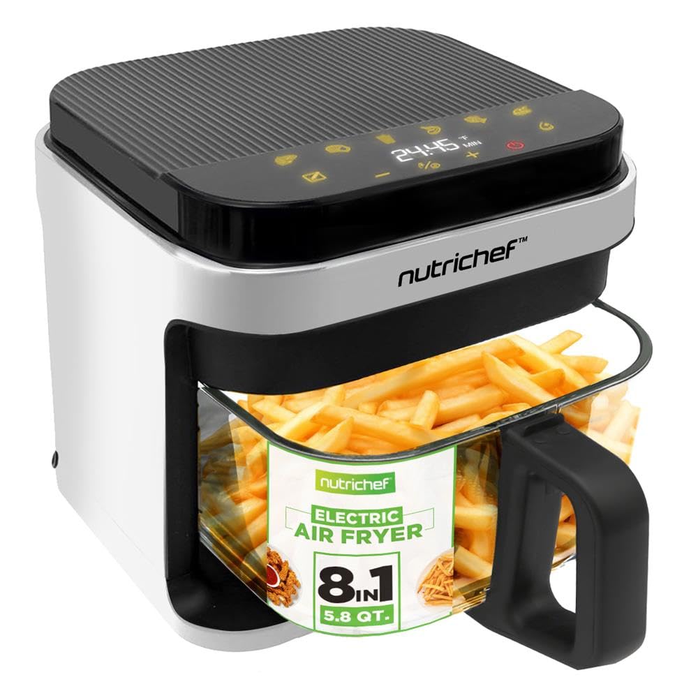 NutriChef Freidora de aire caliente de 5,5 L, color blanco, 8 en 1, con recipiente de cristal y pantalla táctil LED, para freír sin aceite, circulación de aire caliente de 360°, para patatas, pollo