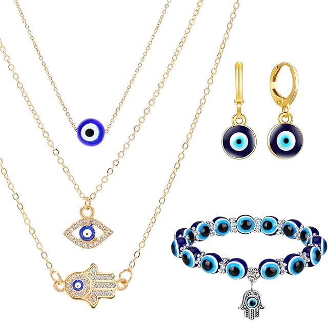 Evil Eye Necklace, Blue Eye Pendant Necklace Protection Necklace Set Full of Rhinestones Good Luck Necklace
