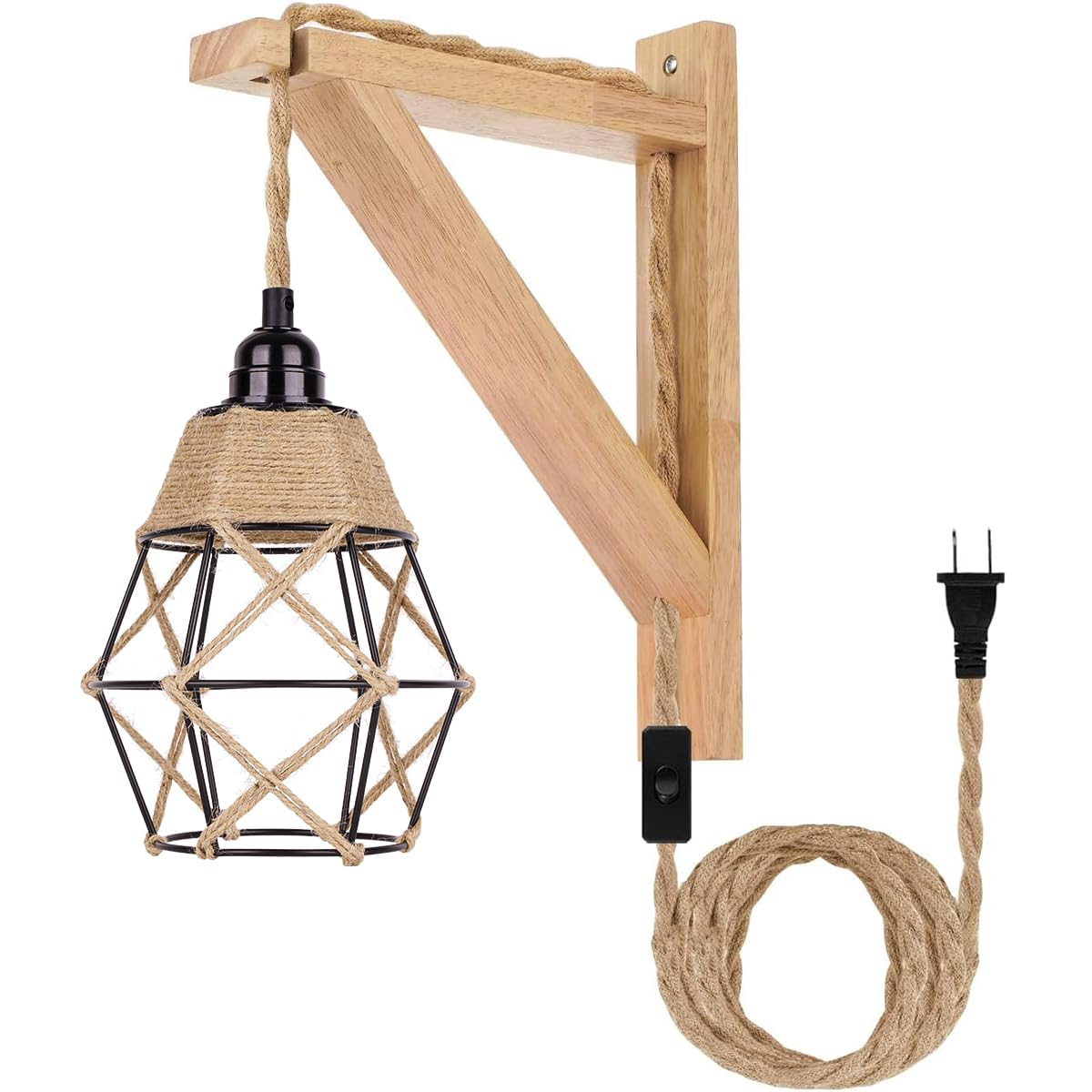 Frideko Plug in Wall Sconce Boho Farmhouse Hanging Wall Lamp with Plug in Cord, Wall Light with Wood Shelf Bracket for Bedroom Living Room Apartment RV Camper(Orange)
