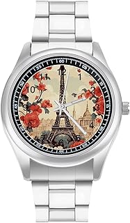 Paris Vintage Floral Wristwatch for Men Women Modern Fashion Business Stainless Steel Watch Alloy Case Stylish Luxury Casual Wrist Watch Easy Reader Unisex Analog Watches