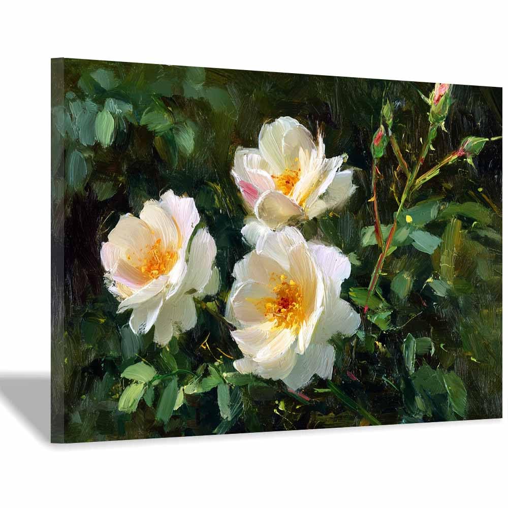 Hoqiu Multicolor Flower Wall Art Canvas White Ros Garden Art Artwork, Wall Decoration Living Room Bedroom Hallway Stairs Decoration.(Multicolor)-60X80cm Framed