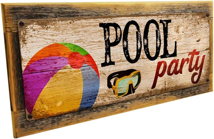 Outdoor Pool Party 6"x16" Metal Sign, Wall Décor for Porch, Patio, and Deck