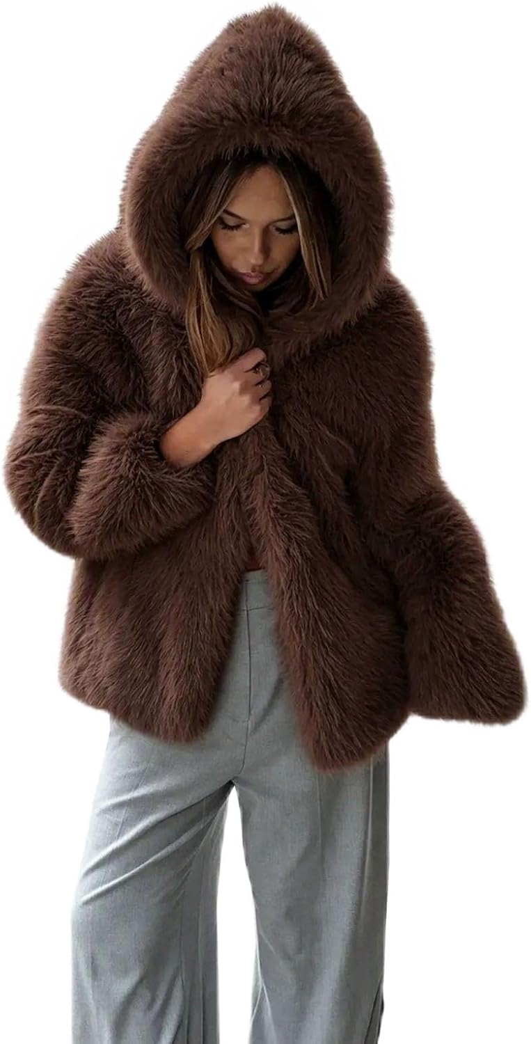 Women's Faux Fur Jacket Hooded Long Sleeve Chic Short Winter Coat