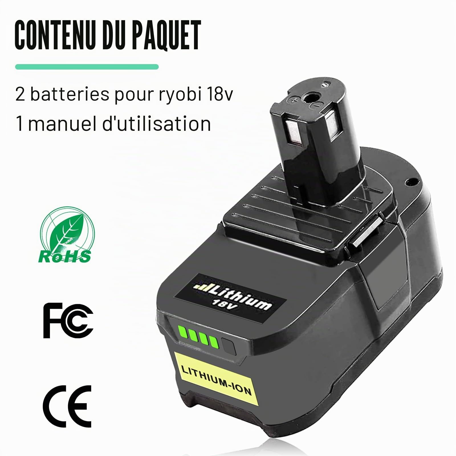 2X Remplacement pour Ryobi 18V Batterie 5.0Ah RB18L50 RB18L40 RB18L25 RB18L15 RB18L13 P108 P107 P122 P104 P105 P102 P103 (Noir Vert)