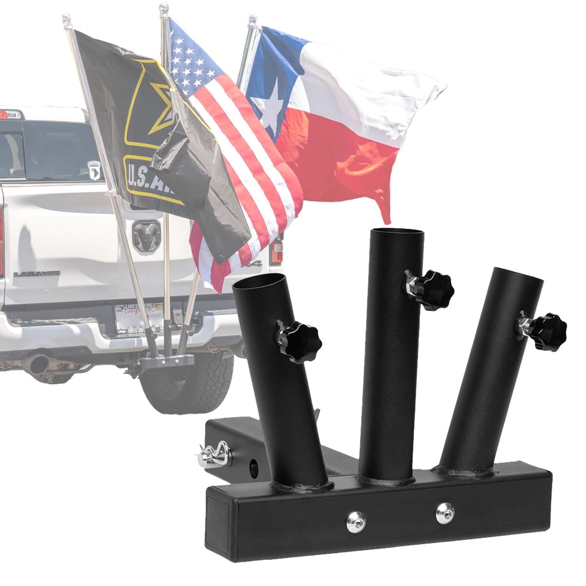 Stark USA Hitch Mount 3 Flag Pole Holder with 2-Inch Hitch, Quick Install Trailer Flag Mount, Suitable for Jeep, Trailers, Trucks, SUVs, RVs and
