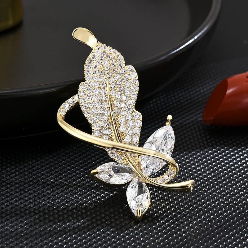 Image of Rhinestone Leaf Brooch Pins - Crystal & Gold-plated Lapel Pin Jewelry for Women - Birthday Gift for Wife or Friends