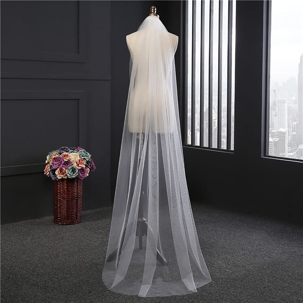 Bridal Veils 1 Layer Wedding Tulle Cut Edge Round Tail Veil with Comb for Women and Girls (Ivory)
