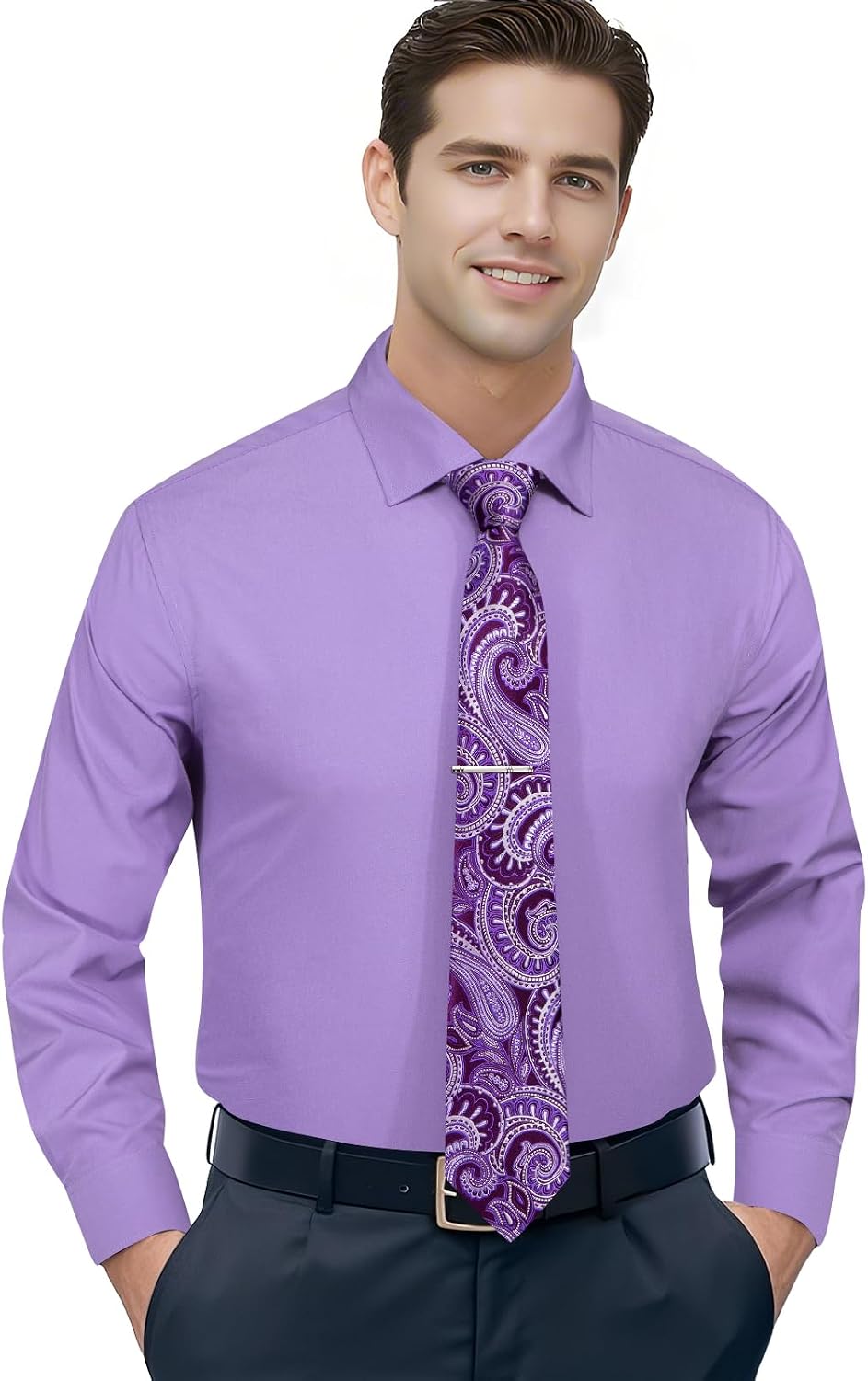 Hi-Tie Mens Dress Shirts and Tie Flower Lapel Pin Combo Long Sleeve Button Down Casual Formal Dress Shirts for Men