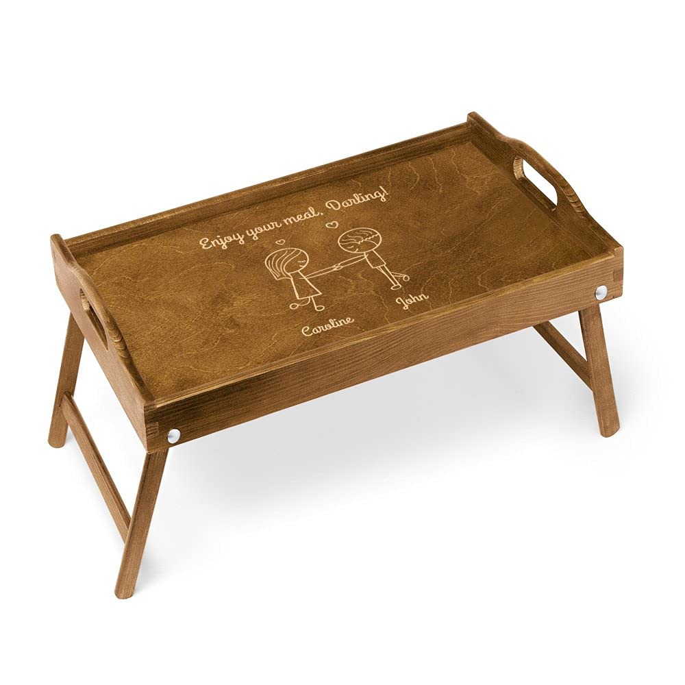 Maverton Bed Tray with Engraving - Wooden Serving Tray for Couples - Foldable Legs- Engraved Lap Desk in Brown for Parents- Personalized Housewarming Gift - in Love
