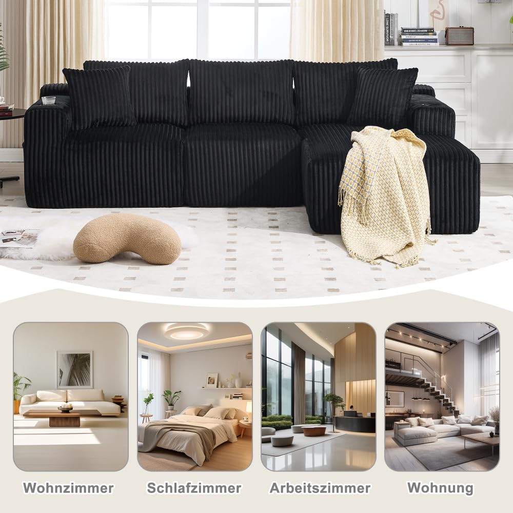 I0I&I0I Ensemble canapé modulaire avec méridienne et housse en velours côtelé 2 places avec 5 coussins porte-gobelets, pour le salon, l'appartement (noir + Corduroy + 3 sièges + mousse)