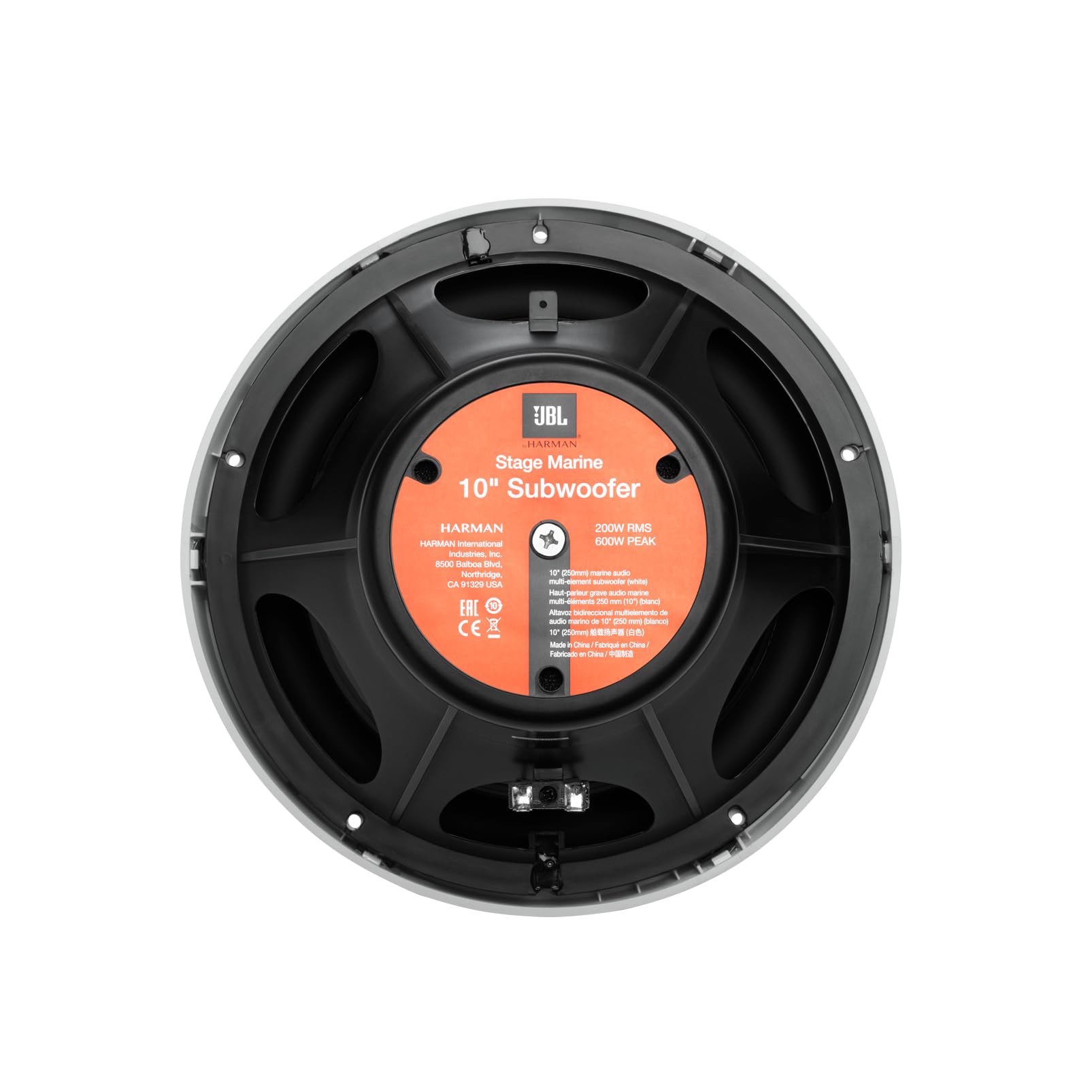 JBL Stage Marine 10 Subwoofer 250mm con 200W RMS e 600W Peak 88dB sensibilità 30Hz–250Hz 4 ohm design marino resistente ideale per imbarcazioni offrendo bassi profondi e prestazioni affidabili