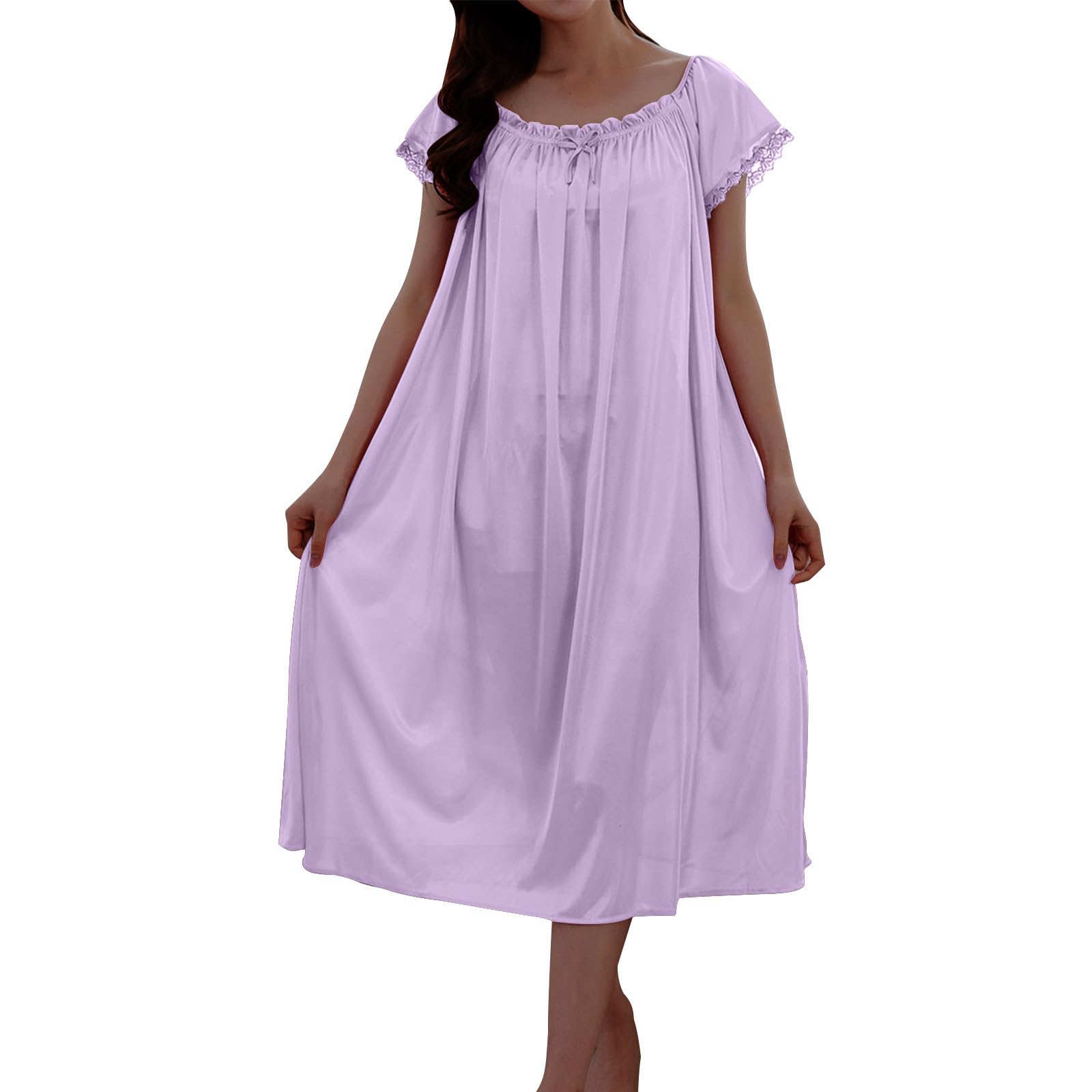 Generic Nightgowns for Women Soft Comfy Lace Short Sleeve Scoop Neck Pleated Solid Pajamas Dress Loose Casual Cute Loungewear