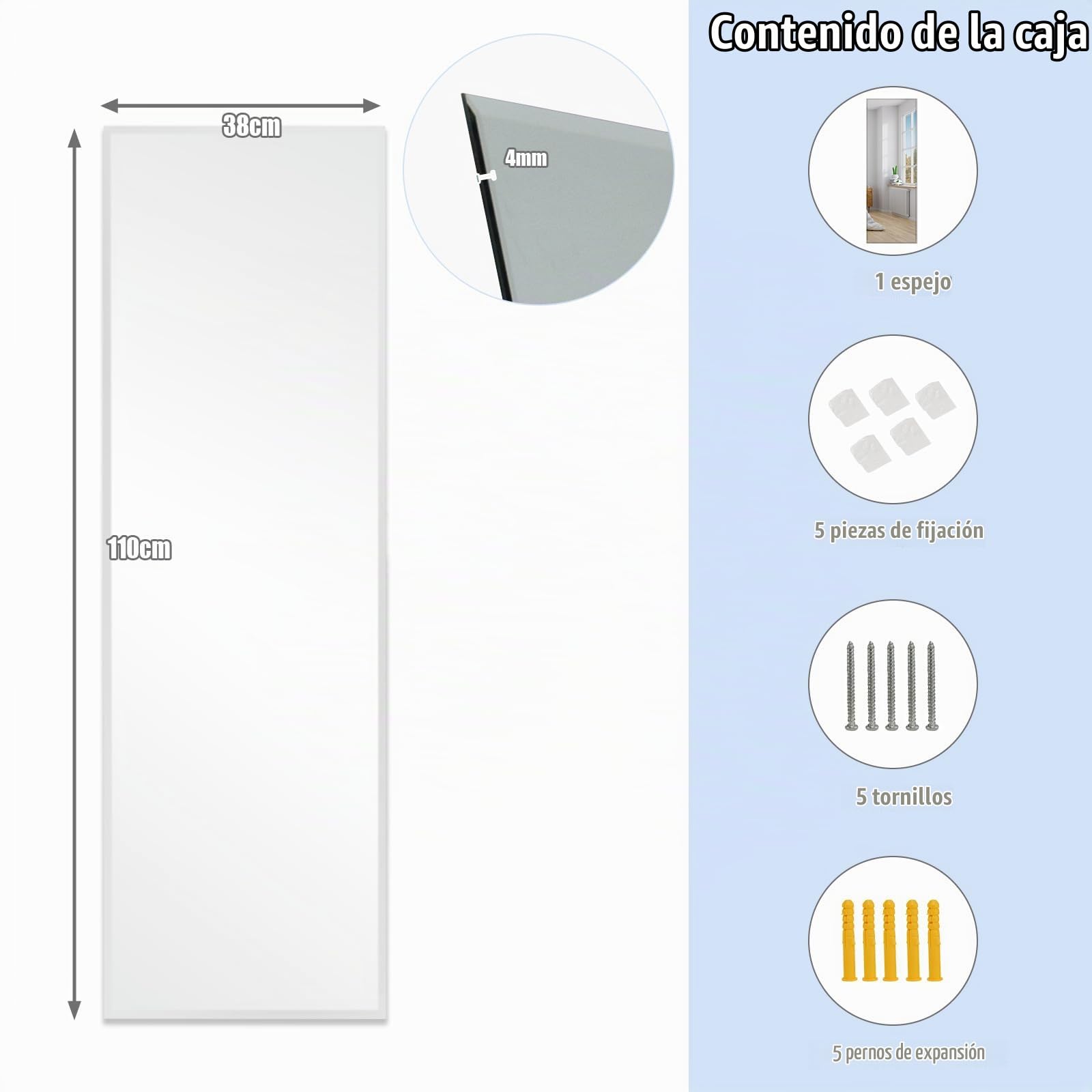 HOMASIS Espejo de Pared Moderno, Espejo de Cuerpo Entero 110 x 38 cm, sin Marco, Espejo Rectangular, Espejo de Pared Largo para Dormitorio, salón, recibidor