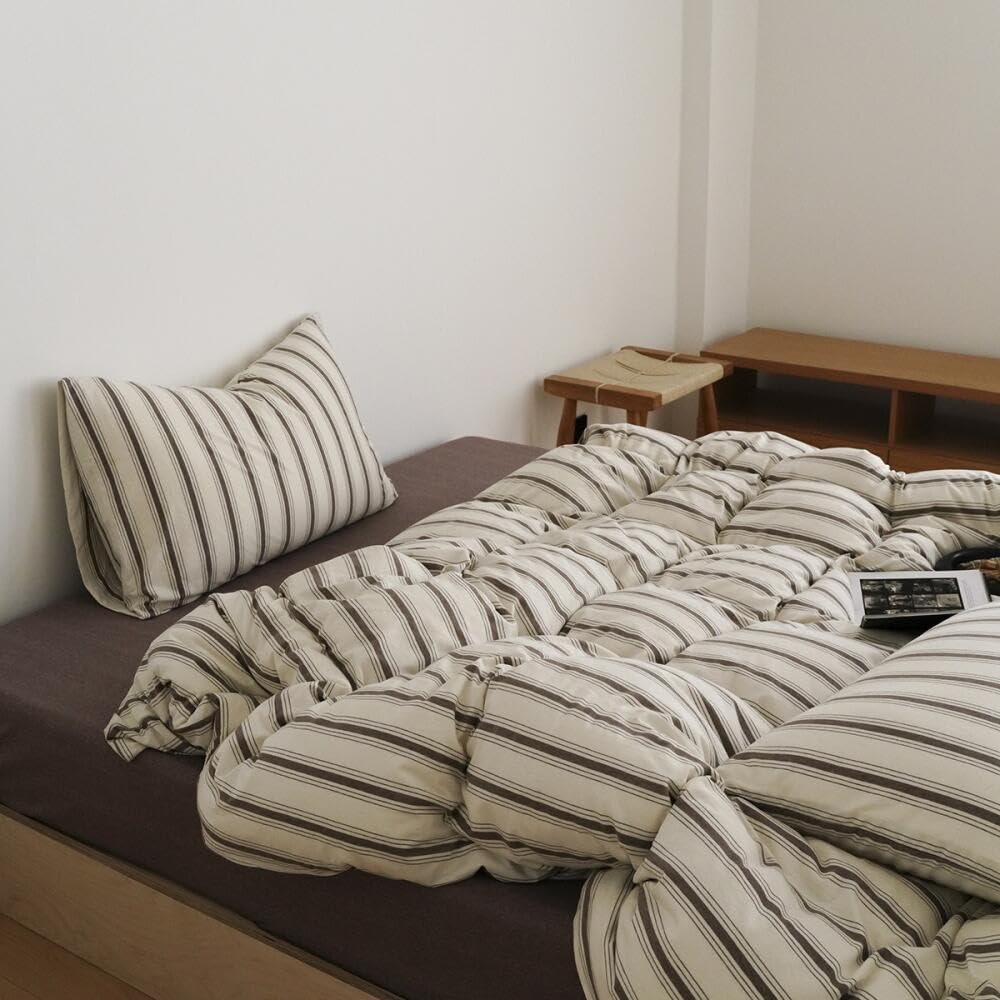 Freyamy - Juego de funda de edredón 220 x 240 cm con rayas marrón beige, juego de cama para 2 personas, para niñas y mujeres, con cierre de cremallera, juego de funda impreso de rayas en microfibra