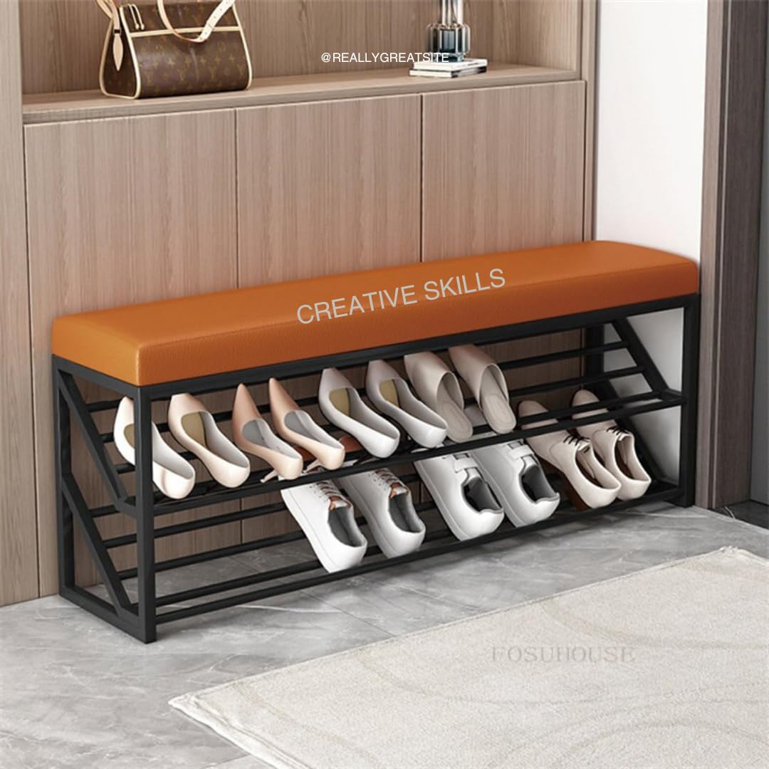 78x23x53 cm Metal Sturdy Shoe Rack with Soft Velvet Cushion Seat | Bed Bench-Upholstered Entry Footwear Storage | 2-Tier Fleece Ottoman Bench for Entryway, Bedroom- Orange/Black
