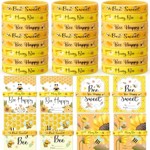 JellyArch 48 Set Bee Silicone Bracelets , Bee Honeybee Rubber Wristband with Cards Silicone Bracelet Bulk for Spring Summer Birthday Party Supplies image 5